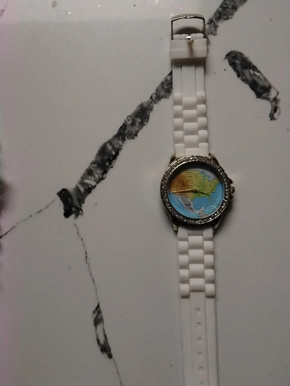 Crystal-Bezel World Map Watch with White Silicone Band